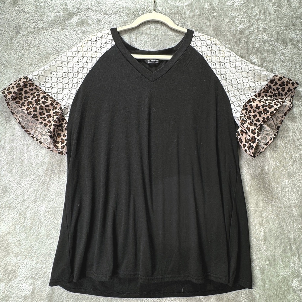 BloomChic Womens Plus 14-16 V-Neck Top Lace Leopard Print Flutter Ruffle Sleeve